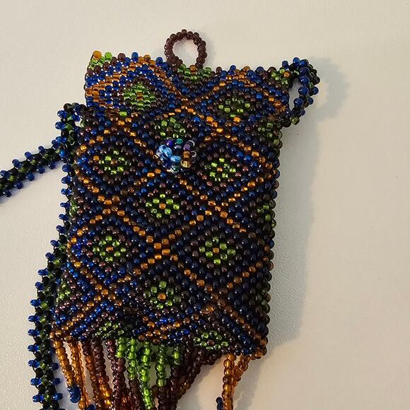 Vintage Artisan Fringed Tribal Seed Bead Necklace Pouch Diamond Pattern - Picture 4 of 11